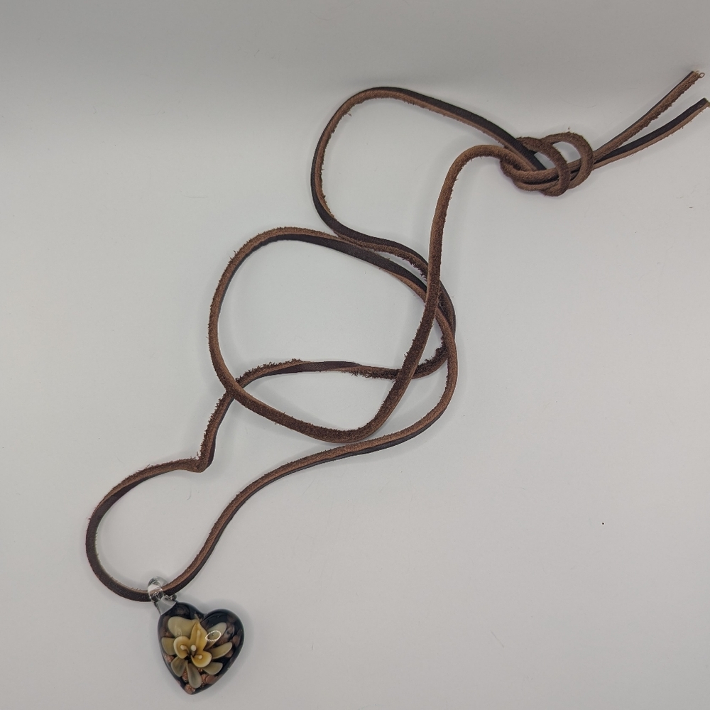 Heart Pendant Necklace with Brown Cord - Picture 1 of 4